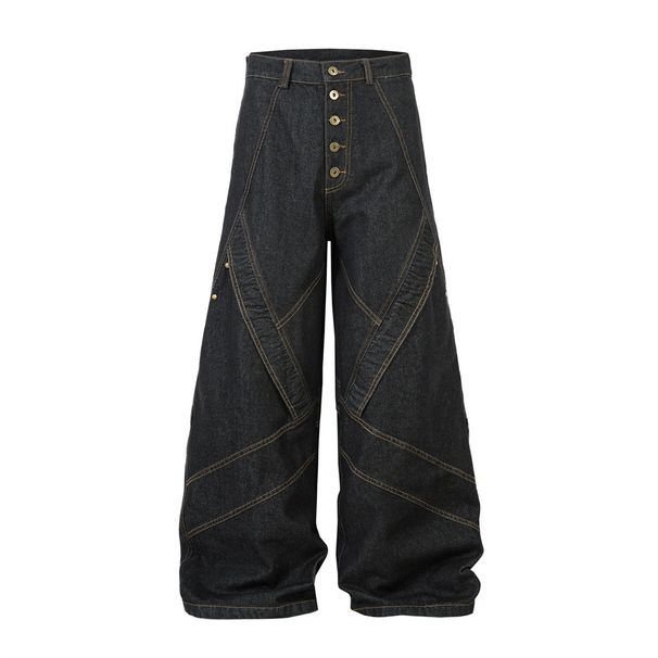 3D Cut Button Design Denim Flared Pants Men's Hippie Trend Deconstructed Patchwork Stitching Bright Line Wide-Leg_mkmklike.com