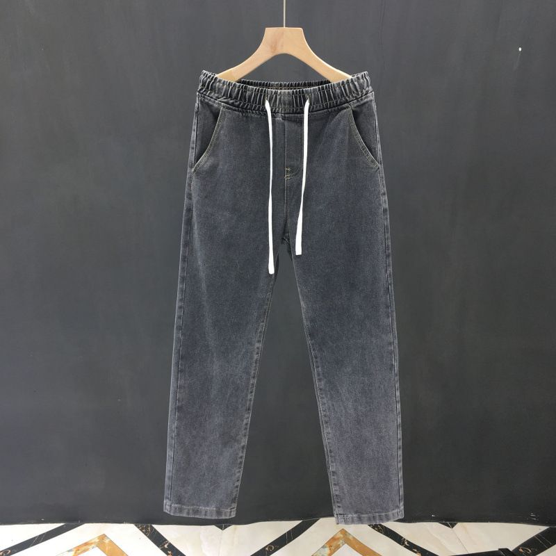 Men's Korean Style Retro Drawstring Elastic Waist Jeans Straight Leg Loose Fit Casual Wide Leg Pants Trendy For Teenagers_mkmklike.com