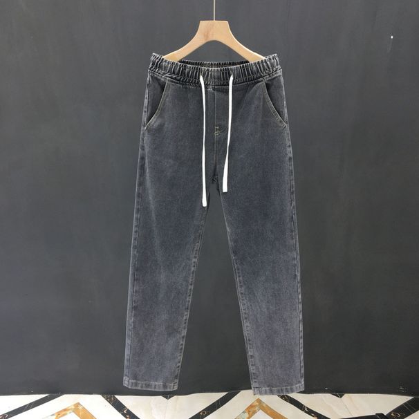 Men's Korean Style Retro Drawstring Elastic Waist Jeans Straight Leg Loose Fit Casual Wide Leg Pants Trendy For Teenagers_mkmklike.com