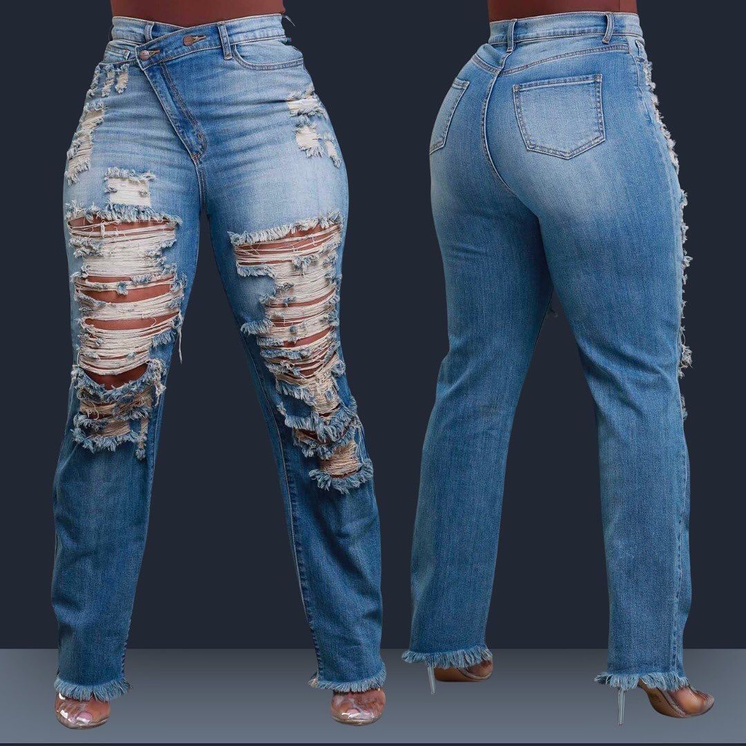 "Tassel-Trim Straight Leg Jeans - Elastic Waist Winter Denim Pants For Women (Blue/Dark Blue, S-XXL)"_mkmklike.com