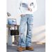 Men's Trendy High Street Loose Straight Leg Distressed Pants Retro Washed Light Colored Ripped Jeans_mkmklike.com