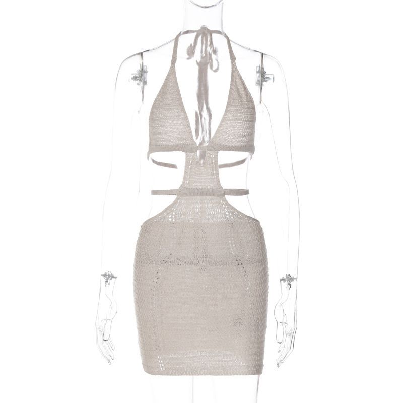 Women's pure want to hang neck wrap chest hollow splicing lace-up dress_mkmklike.com