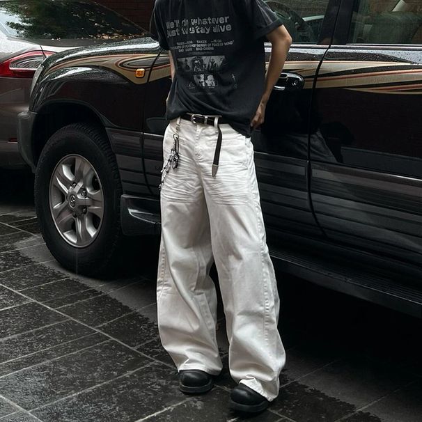 High Street White Straight Leg Jeans For Men - Distressed Washed Wide Fit Casual Denim Pants With Whisker Details_mkmklike.com
