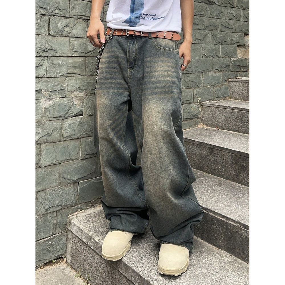 Men's Clothing Spring And Autumn Washed Old Design Jeans Loose Floor Mopping Wide Leg Long Pants_mkmklike.com