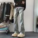 Men's Washed Deconstructed Jeans Trendy Retro Slim Fit Straight Leg Flared Pants Autumn Winter Style American Vibe Patchwork_mkmklike.com