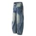 Loose Wide-Leg Jeans Men's Long Street Style American Color Block Washed White Scimitar Casual Dad Pants_mkmklike.com