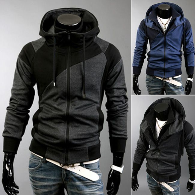 Men's Clothing Autumn and Winter New Men's Personality Colorblock Double Zipper Hooded Cardigan Slim Sweater 702_mkmklike.com
