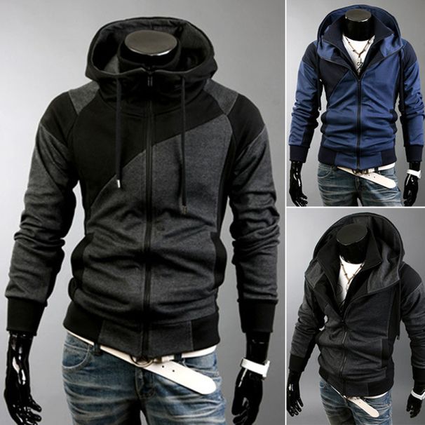 Men's Clothing Autumn and Winter New Men's Personality Colorblock Double Zipper Hooded Cardigan Slim Sweater 702_mkmklike.com
