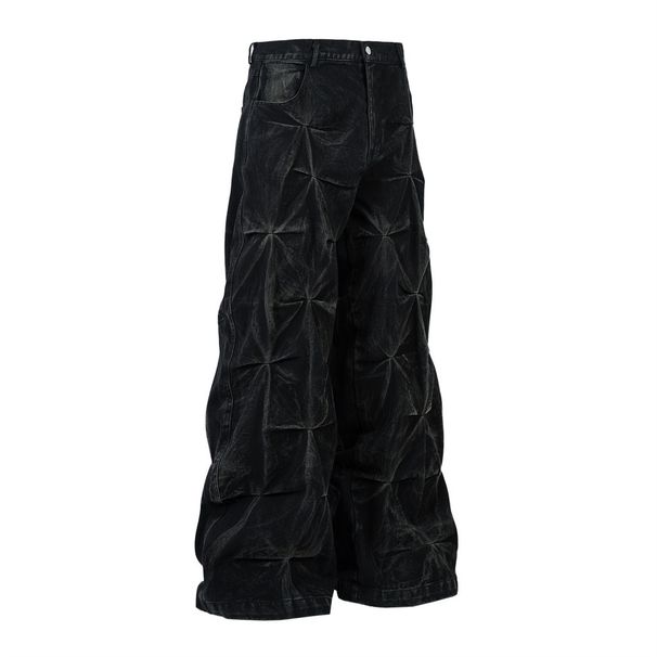 Heavy-duty Pleated Design Tie-dye Jeans For Men Hip-hop Trendy Punk Vintage Washed Loose Wide-leg Pants_mkmklike.com