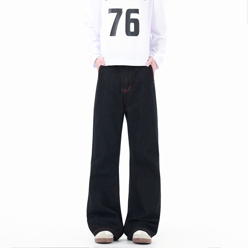 Black Flared Jeans With Red Stitch – Slim Fit Vintage Trousers, Retro American Style, High-Waisted Stretch Denim For Men_mkmklike.com