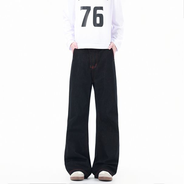 Black Flared Jeans With Red Stitch – Slim Fit Vintage Trousers, Retro American Style, High-Waisted Stretch Denim For Men_mkmklike.com