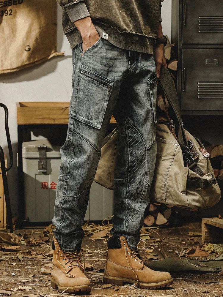 Men's American Heavyweight Retro Jeans Loose Straight Leg Harley Motorcycle Work Casual Trousers for Spring And Autumn_mkmklike.com