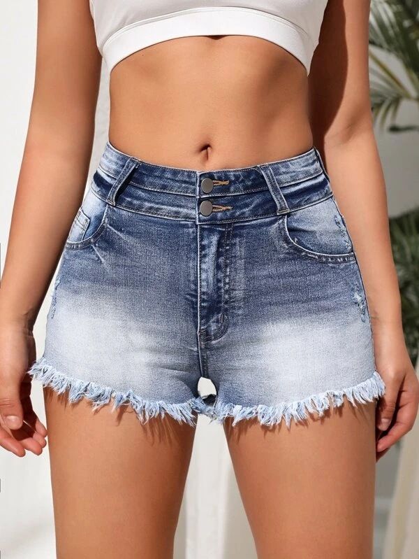 Women's Clothing Trendy Ripped Denim Shorts High Waist Washed Denim Hot Pants_mkmklike.com
