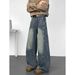 "High Waisted Wide Leg Jeans For Men Retro Streetwear Baggy Denim Pants With Dropped Crotch 90s Vintage Loose Fit Trousers With Distressed Wash"_mkmklike.com