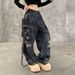 Men's & Women's Distressed Washed Denim Cargo Pants - Streetwear Straight-Leg Loose Fit Wide Trousers With Multi-Pockets_mkmklike.com