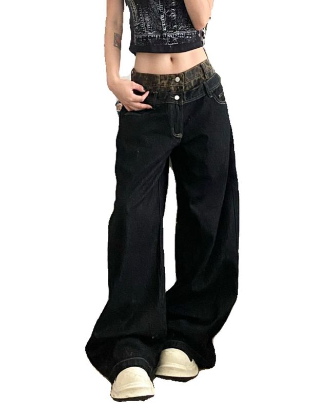 Y2K Leopard Print Denim Pants – Double Waistband Streetwear (S-XL, Black, Wide-Leg, Non-Stretch, High-Rise, Drop Cuff)_mkmklike.com