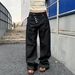 Unisex High Street Style American Retro Washed Raw Denim Black Irregular Button Jeans Straight Leg Loose Fit Trendy_mkmklike.com