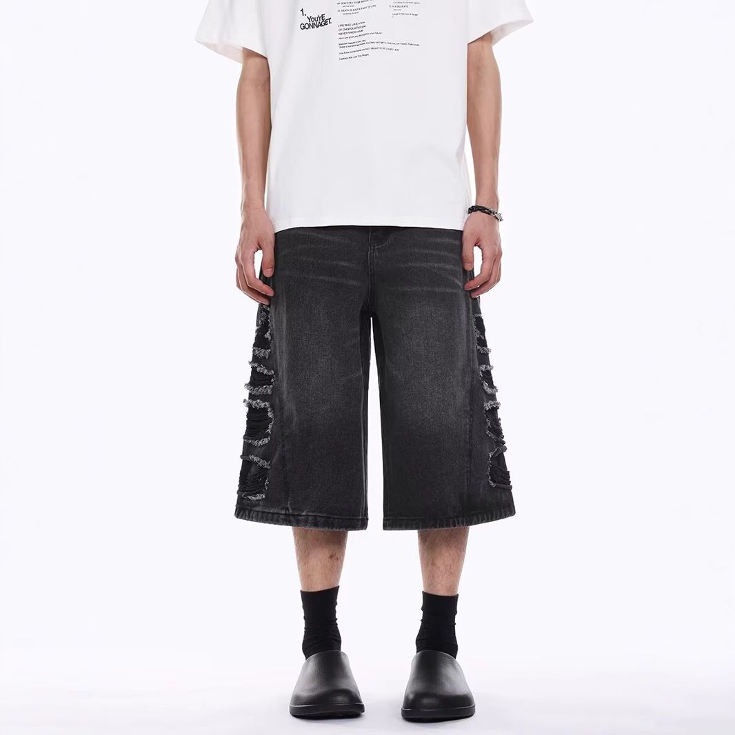 Distressed Washed Denim Shorts Unisex Loose American Style Ripped Wide Leg Straight Cropped Pants Trendy_mkmklike.com