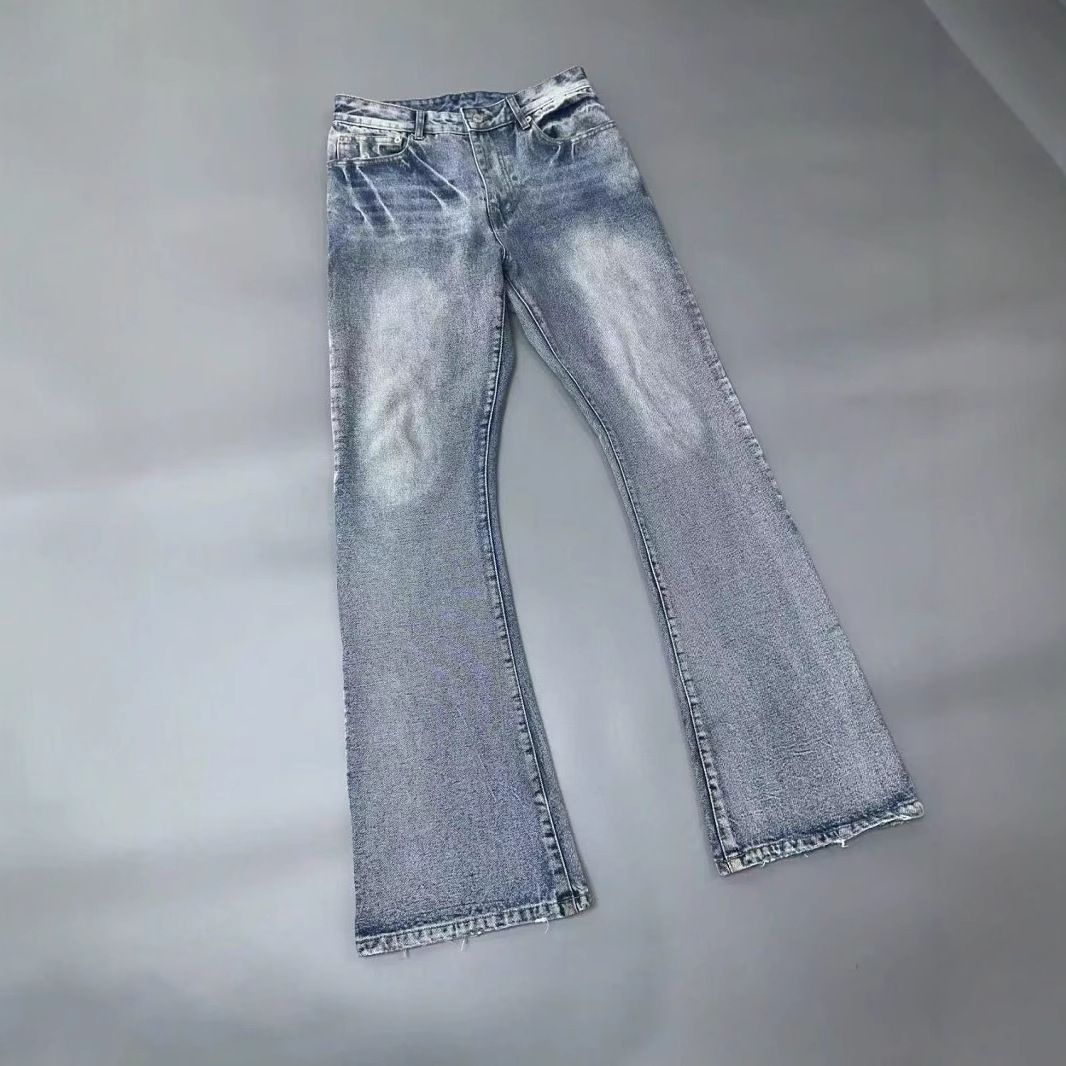 Men's Flared Jeans – Snow Wash Retro Styling (Slim Tapered, Stretch Denim, Vintage-Inspired, Office & Casual Wear)_mkmklike.com