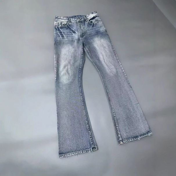 Men's Flared Jeans – Snow Wash Retro Styling (Slim Tapered, Stretch Denim, Vintage-Inspired, Office & Casual Wear)_mkmklike.com