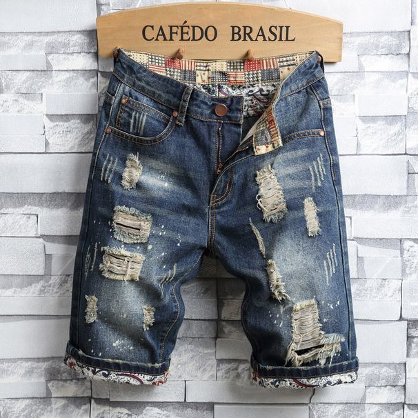 Men's Clothing Summer Trendy Ink Splashed Denim Shorts Men's Shorts Straight Loose Ripped Pants Fashion Casual Youth Breeches_mkmklike.com
