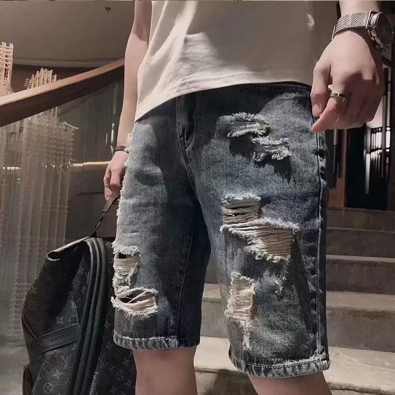 Men's Ripped Denim Shorts Trendy Loose Fitting Straight Leg Mid-Length Versatile Five Point Summer Blue Jeans Low Waist_mkmklike.com