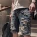 Men's Ripped Denim Shorts Trendy Loose Fitting Straight Leg Mid-Length Versatile Five Point Summer Blue Jeans Low Waist_mkmklike.com