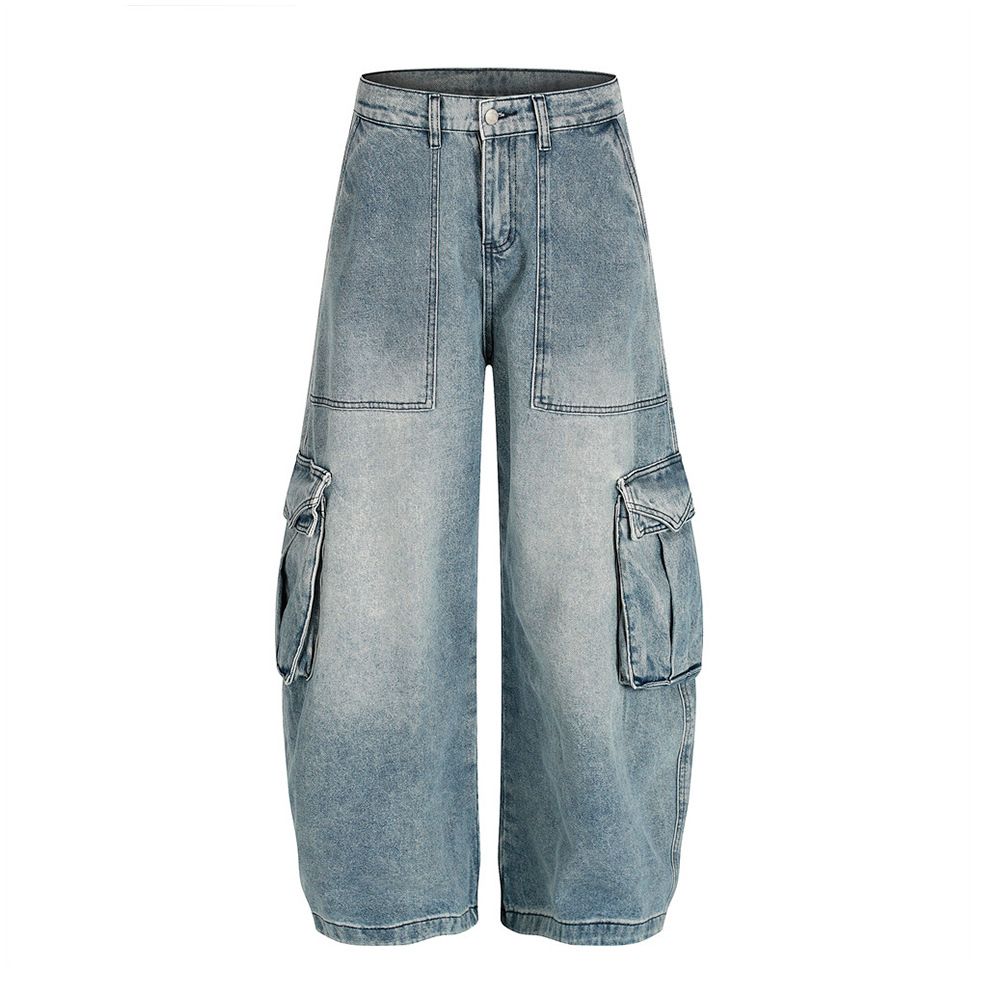 American Vintage Distressed Denim Scimitar Workwear Long Men's Vibe High Street Washed White Arc Multi-Pocket Wide-Leg_mkmklike.com