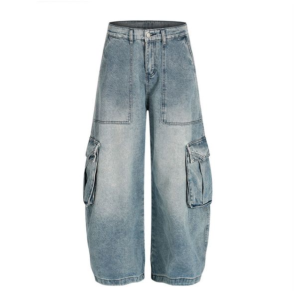 American Vintage Distressed Denim Scimitar Workwear Long Men's Vibe High Street Washed White Arc Multi-Pocket Wide-Leg_mkmklike.com