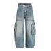 American Vintage Distressed Denim Scimitar Workwear Long Men's Vibe High Street Washed White Arc Multi-Pocket Wide-Leg_mkmklike.com