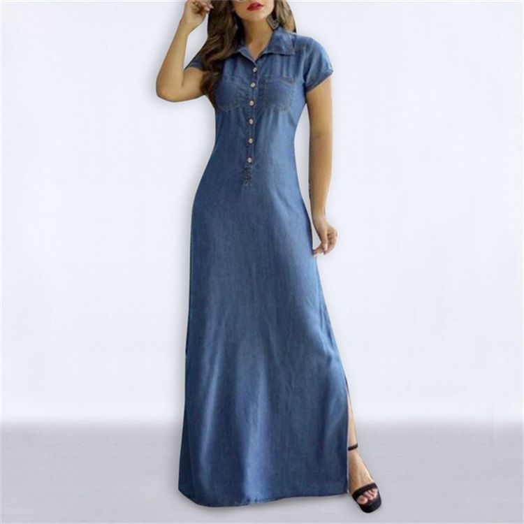Summer Fashionable Elegant And Elegant Women's Denim Dress Pai Team Long Dress Large Size Half Open Lapel Women's Dress Robe_mkmklike.com