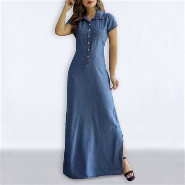 Summer Fashionable Elegant And Elegant Women's Denim Dress Pai Team Long Dress Large Size Half Open Lapel Women's Dress Robe_mkmklike.com