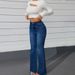 Women's Clothing Retro Blue High Waist Slim Flared Jeans For Women Spring And Autumn Petite Horseshoe Pants Elastic Raw Edge Lengthened Pants_mkmklike.com