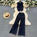 Women's Clothing Fashion V Neck Line Pocket Denim Top High Waist Drape Wide Leg Pants Suit_mkmklike.com