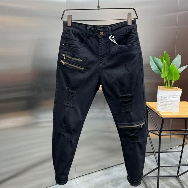 Men's Black Ripped Jeans With Zipper Details - Slim Fit Stretch Denim Pants, Distressed Patchwork Streetwear (High Elasticity, Skinny Style)_mkmklike.com