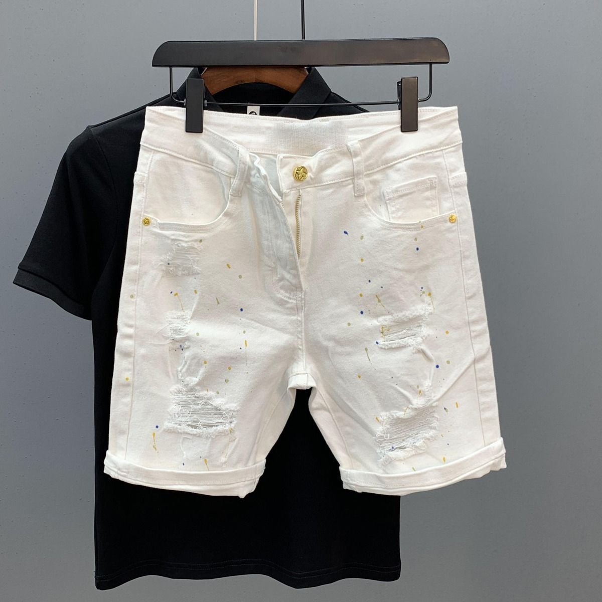 Men's Washed Denim Shorts – Mid-Thigh Casual Cotton Stretch Cargo Shorts (White/Black, 28-36, 65% Cotton, Relaxed Fit)_mkmklike.com
