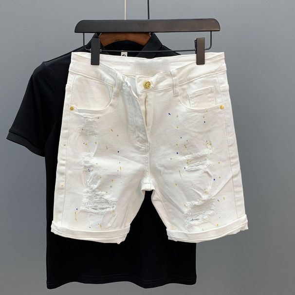 Men's Washed Denim Shorts – Mid-Thigh Casual Cotton Stretch Cargo Shorts (White/Black, 28-36, 65% Cotton, Relaxed Fit)_mkmklike.com