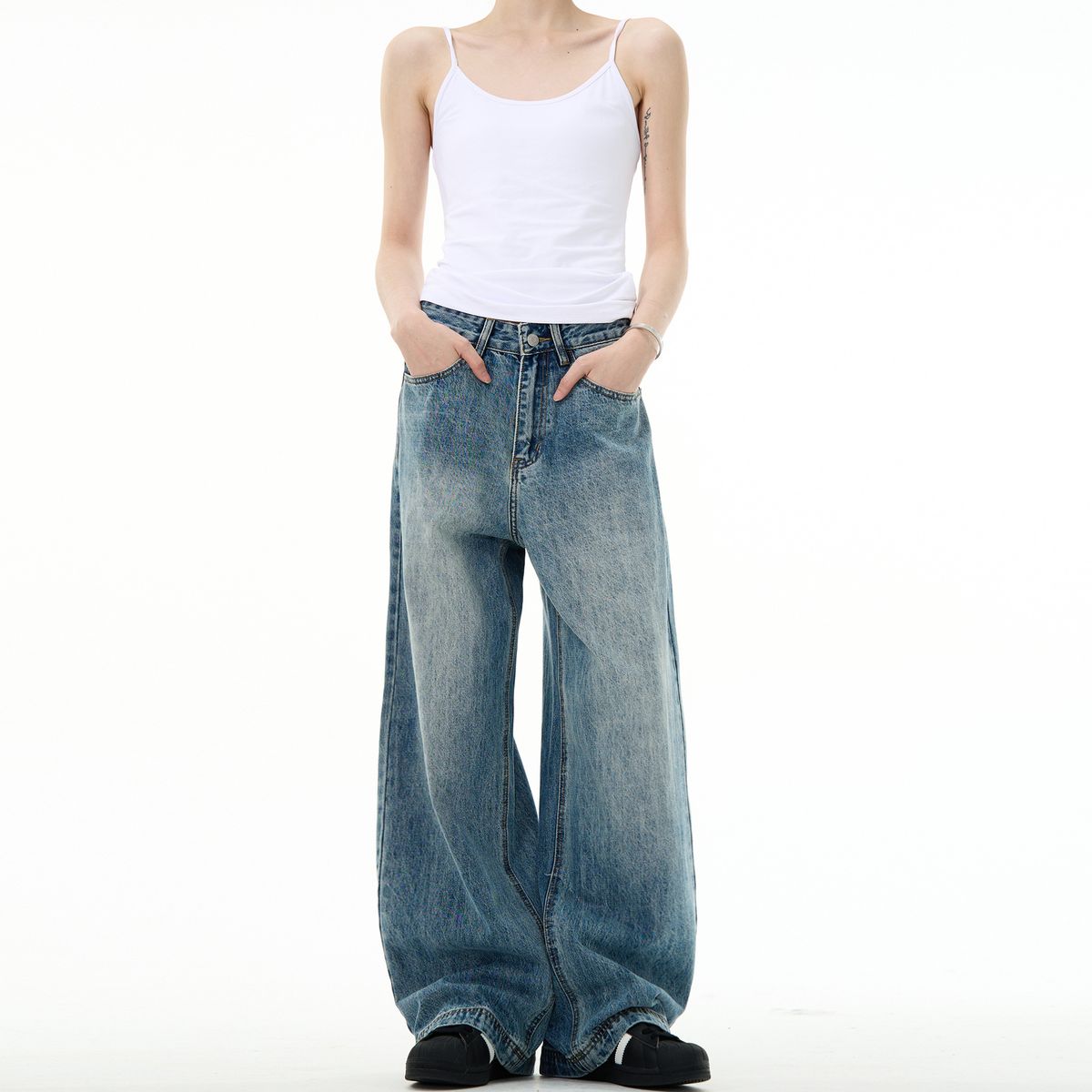 Vintage Washed Clean-fit Straight-leg Jeans Men, New American-style Trendy Wide-leg Casual Pants For Spring And Autumn_mkmklike.com