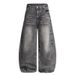 Retro Style Black Curved Blade Jeans Loose Fit Straight Wide Leg mid Waist Washed Distressed for Men And Women_mkmklike.com