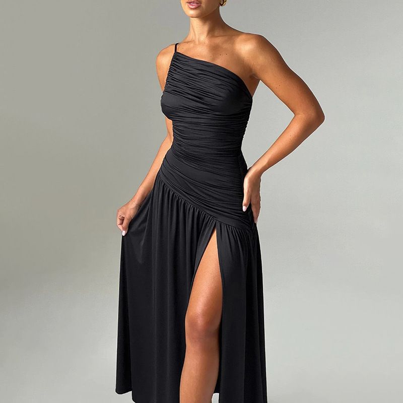 Women's Clothing style sling oblique shoulder pleated slit A-line dress_mkmklike.com
