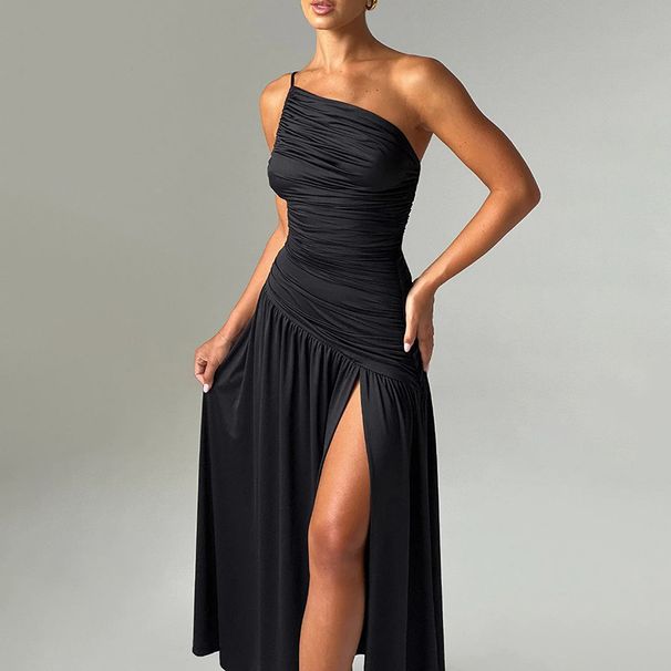 Women's Clothing style sling oblique shoulder pleated slit A-line dress_mkmklike.com
