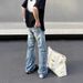 American High Street Vibe Washed Blue Ripped Jeans Men's Straight Leg Micro Flared Cleanfit Pants_mkmklike.com