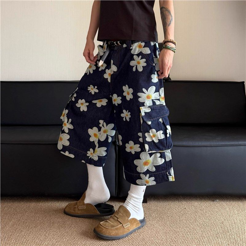 Men's Clothing Unisex Retro Street Style Denim Shorts All Over Daisy Print Loose Wide Leg Capri Pants Unique Design Couple Shorts_mkmklike.com