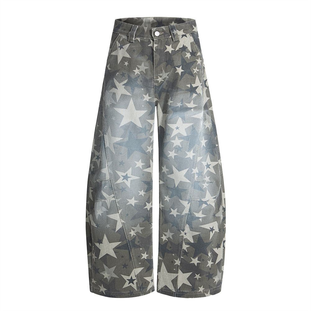 Full Print Star Camouflage Denim Scimitar Men's High Street Trendy Design Sense Niche Spray Paint Loose Wide-Leg Long_mkmklike.com