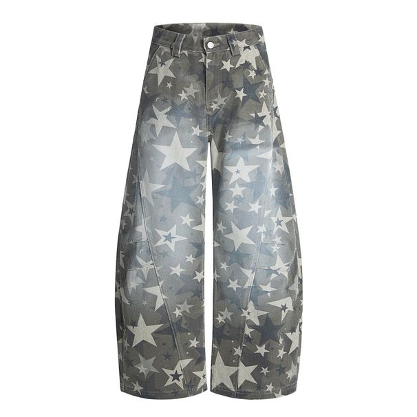 Full Print Star Camouflage Denim Scimitar Men's High Street Trendy Design Sense Niche Spray Paint Loose Wide-Leg Long_mkmklike.com
