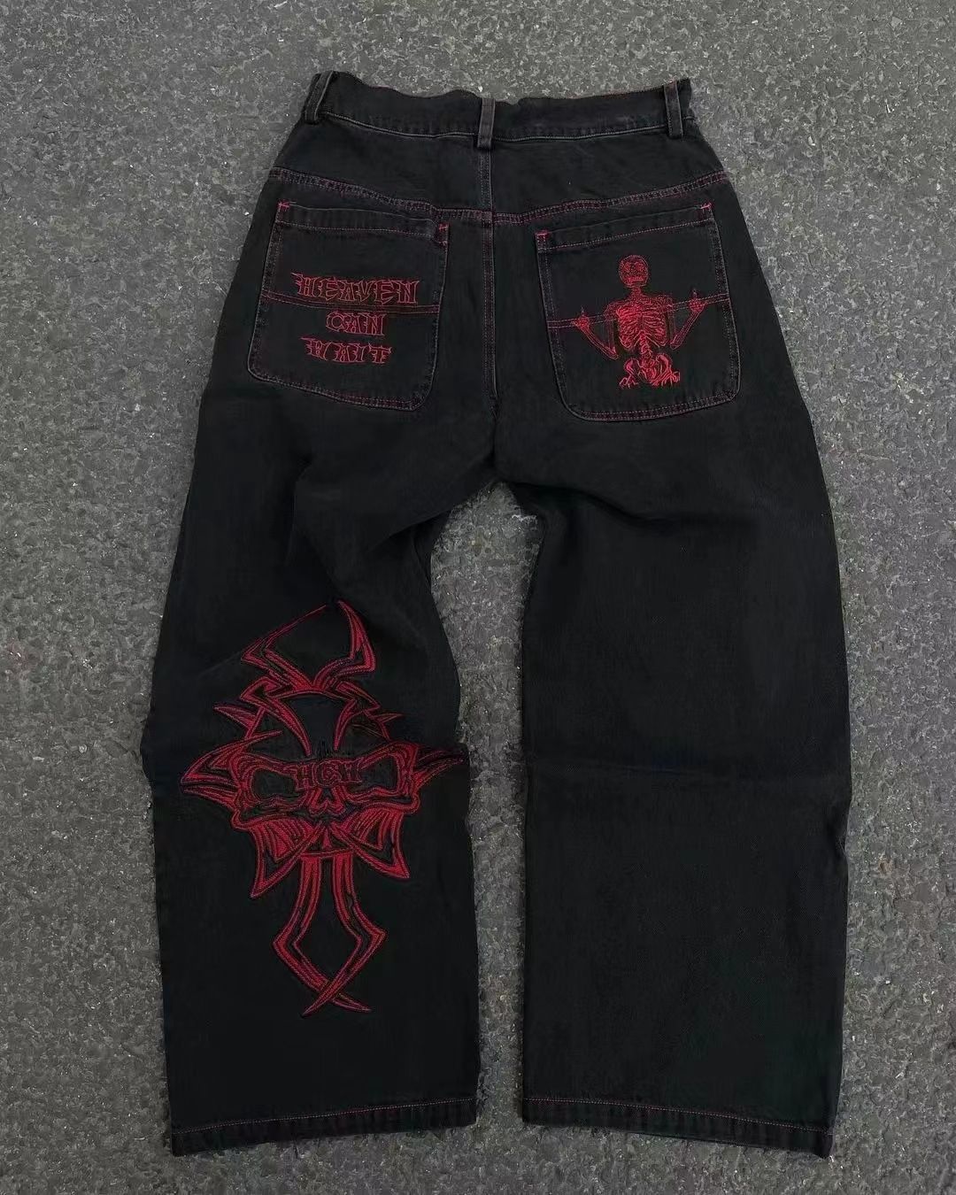 Full Embroidery Explosive Full Embroidery Skull Cotton Casual Pants Men's Straight Pants Casual Overalls_mkmklike.com