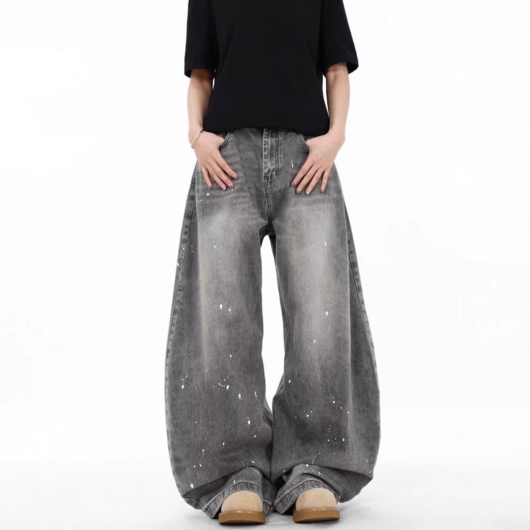 Men's Clothing Women's High Rise Curved Blade Jeans Stylish Splatter Paint Design Spring American Retro High Street Fashion Niche Couple Pants_mkmklike.com