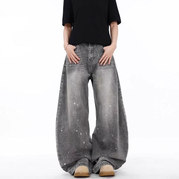 Men's Clothing Women's High Rise Curved Blade Jeans Stylish Splatter Paint Design Spring American Retro High Street Fashion Niche Couple Pants_mkmklike.com
