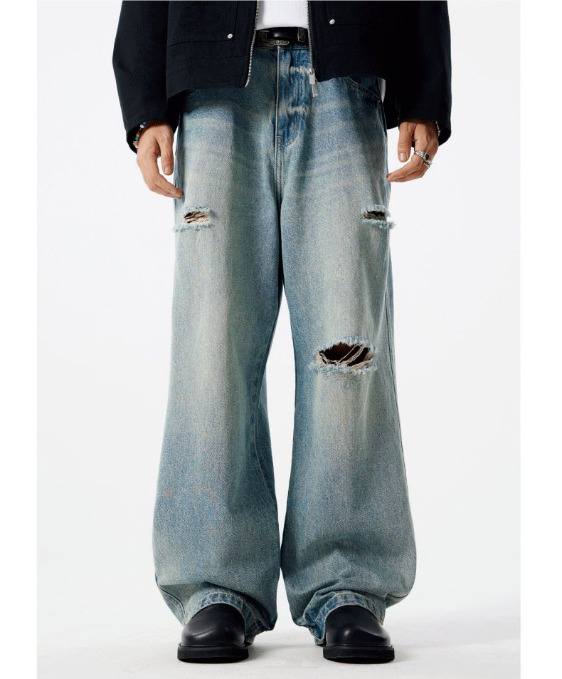 Men's Retro Washed Distressed Handmade Ripped Jeans Trendy Loose Straight Leg Trousers Versatile For Commuting_mkmklike.com