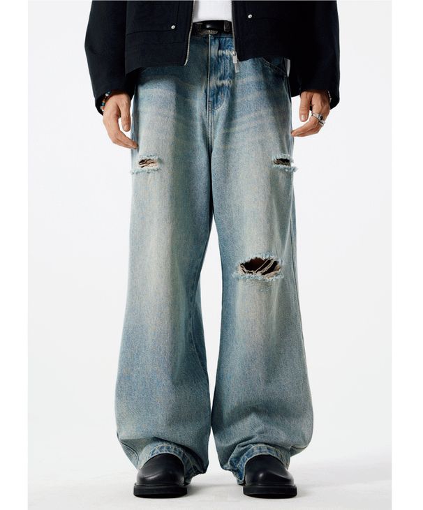 Men's Retro Washed Distressed Handmade Ripped Jeans Trendy Loose Straight Leg Trousers Versatile For Commuting_mkmklike.com